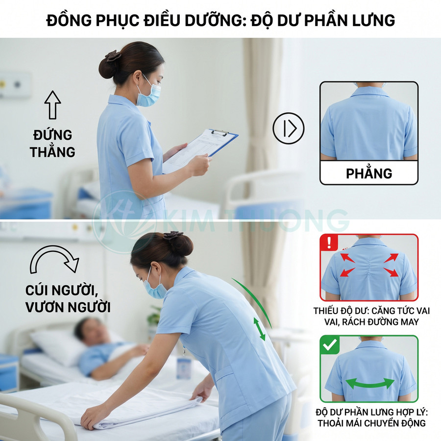 Đồng phục điều dưỡng màu xanh nhạt thiết kế phần lưng rộng thoải mái khi cúi người và vận động