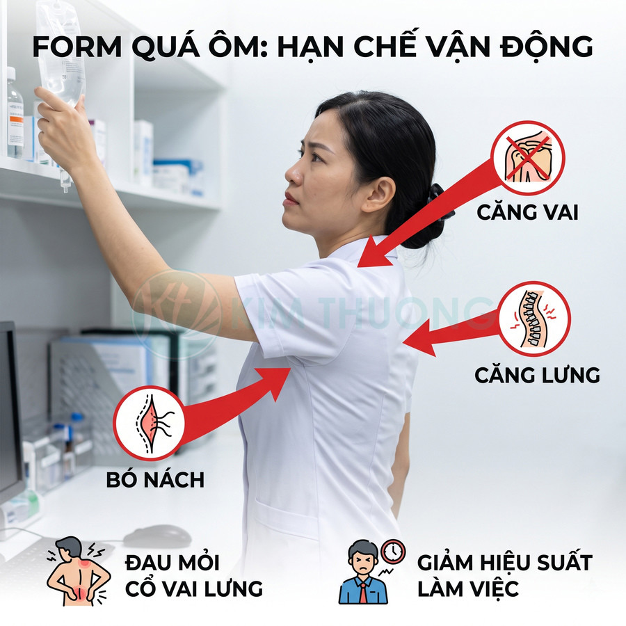 Đồng phục y tá form quá ôm gây bó nách căng vai lưng và giảm hiệu suất làm việc