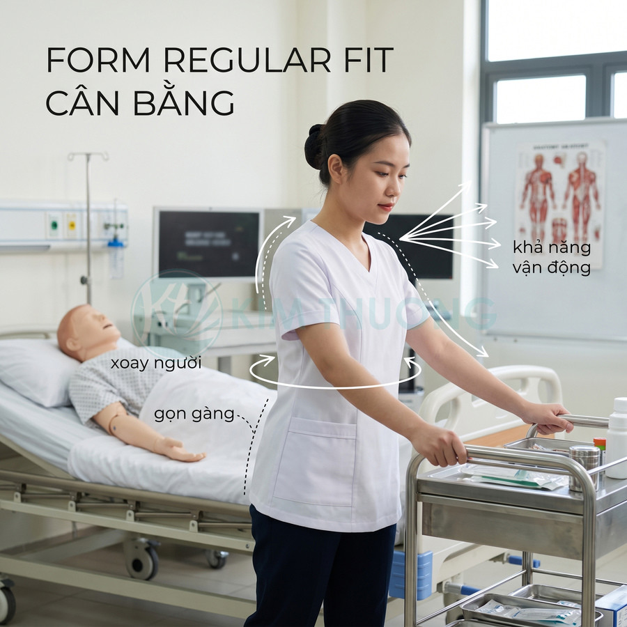 Đồng phục y tá form regular fit màu trắng giúp vận động linh hoạt trong phòng bệnh