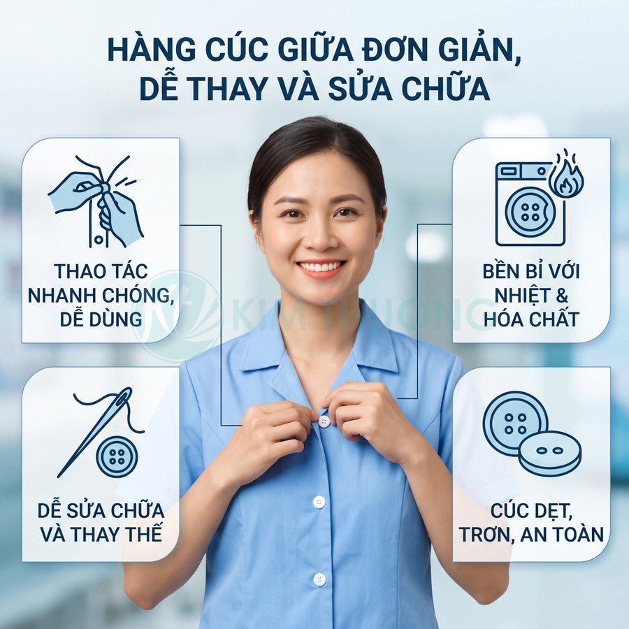 Đồng phục y tế cúc giữa màu xanh dương, nữ nhân viên đang cài cúc áo dễ thay và sửa chữa
