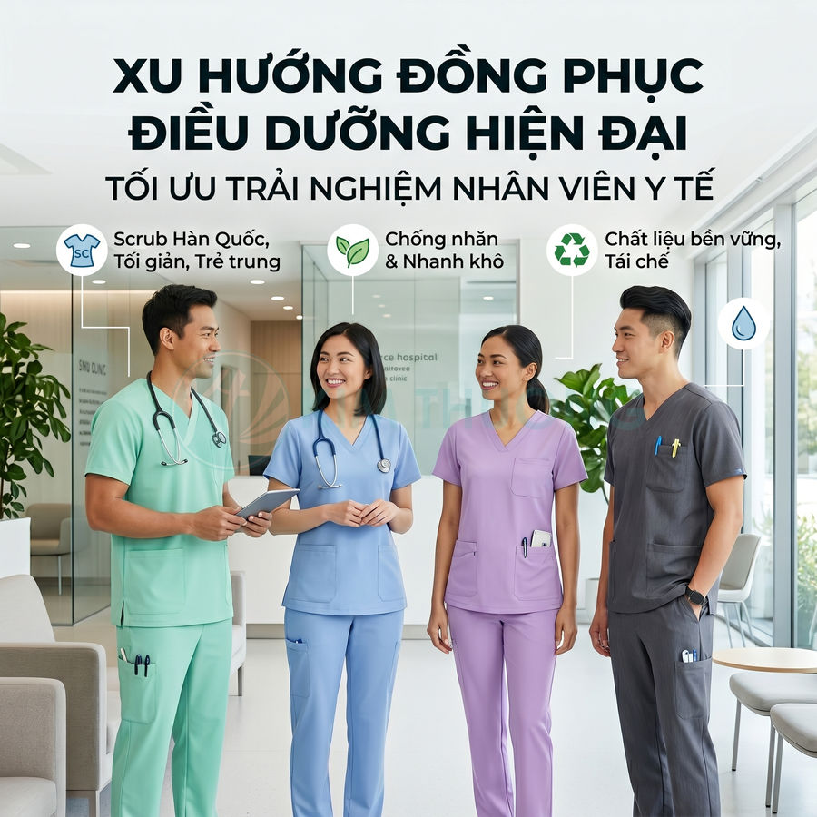 Nhóm điều dưỡng mặc đồng phục scrub Hàn Quốc nhiều màu, chất liệu bền vững chống nhăn và nhanh khô trong bệnh viện hiện đại