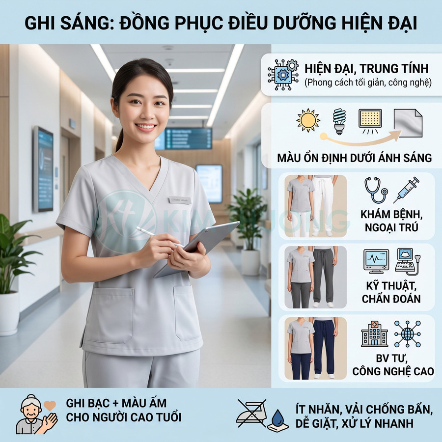 Đồng phục điều dưỡng màu ghi sáng hiện đại cho bệnh viện, ít nhăn, vải chống bẩn, phù hợp khám bệnh và kỹ thuật chẩn đoán