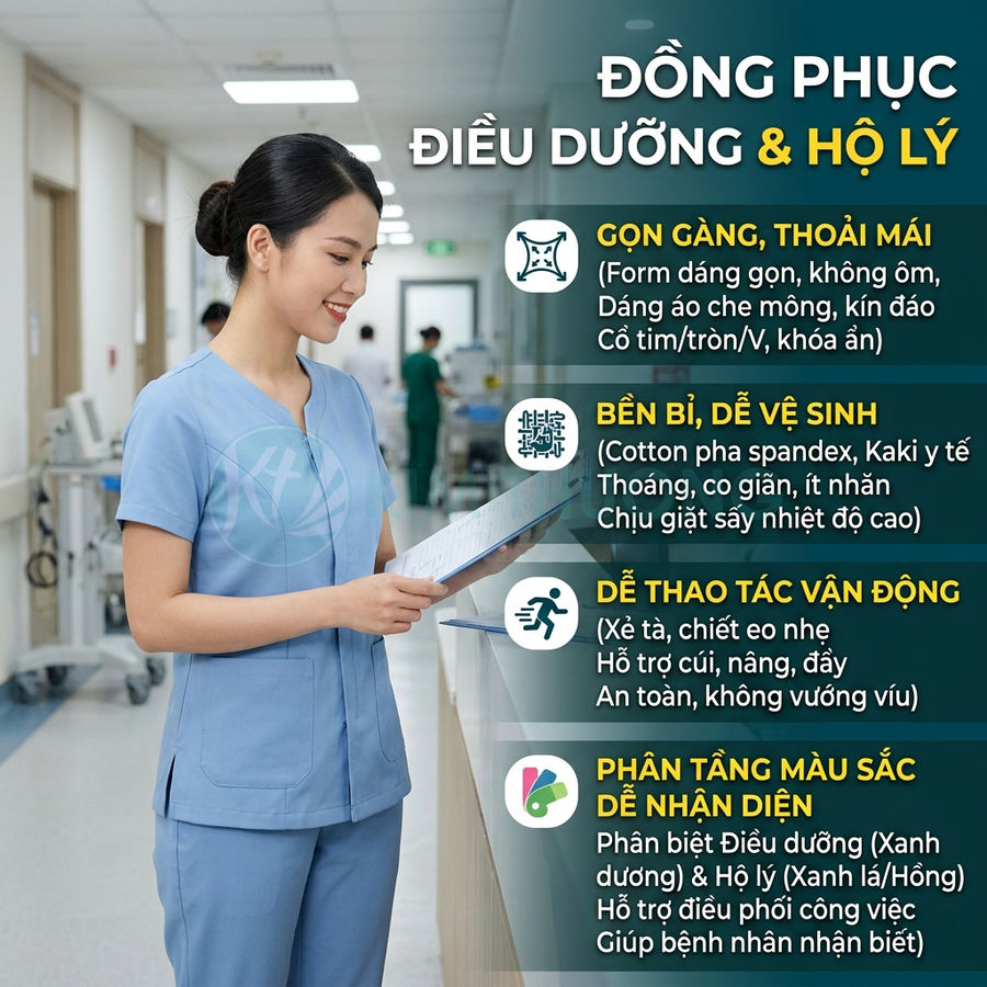 Nữ điều dưỡng mặc đồng phục y tá màu xanh dương đứng trong bệnh viện cầm hồ sơ bệnh án