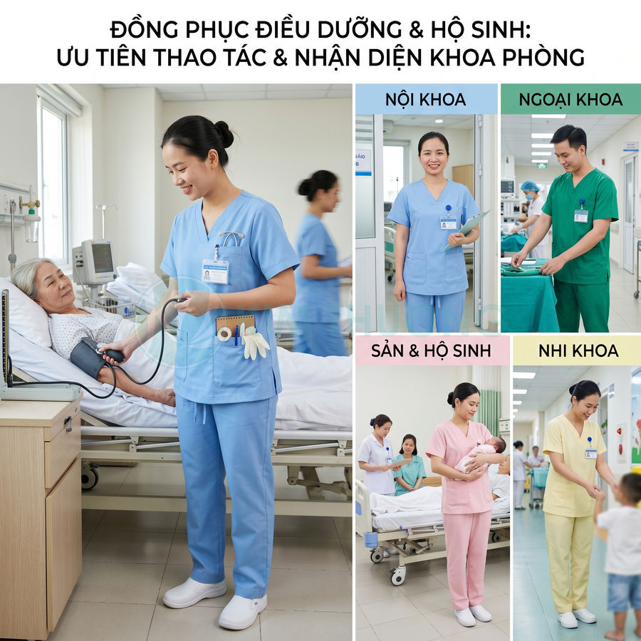 Đồng phục điều dưỡng và hộ sinh nhiều màu cho nội khoa, ngoại khoa, sản và nhi khoa trong bệnh viện