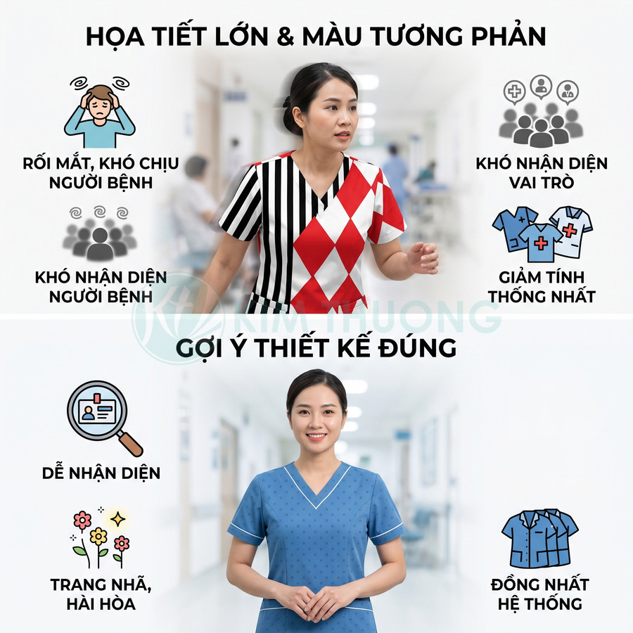 So sánh đồng phục y tá họa tiết sặc sỡ và đồng phục y tá màu xanh đơn giản trong bệnh viện