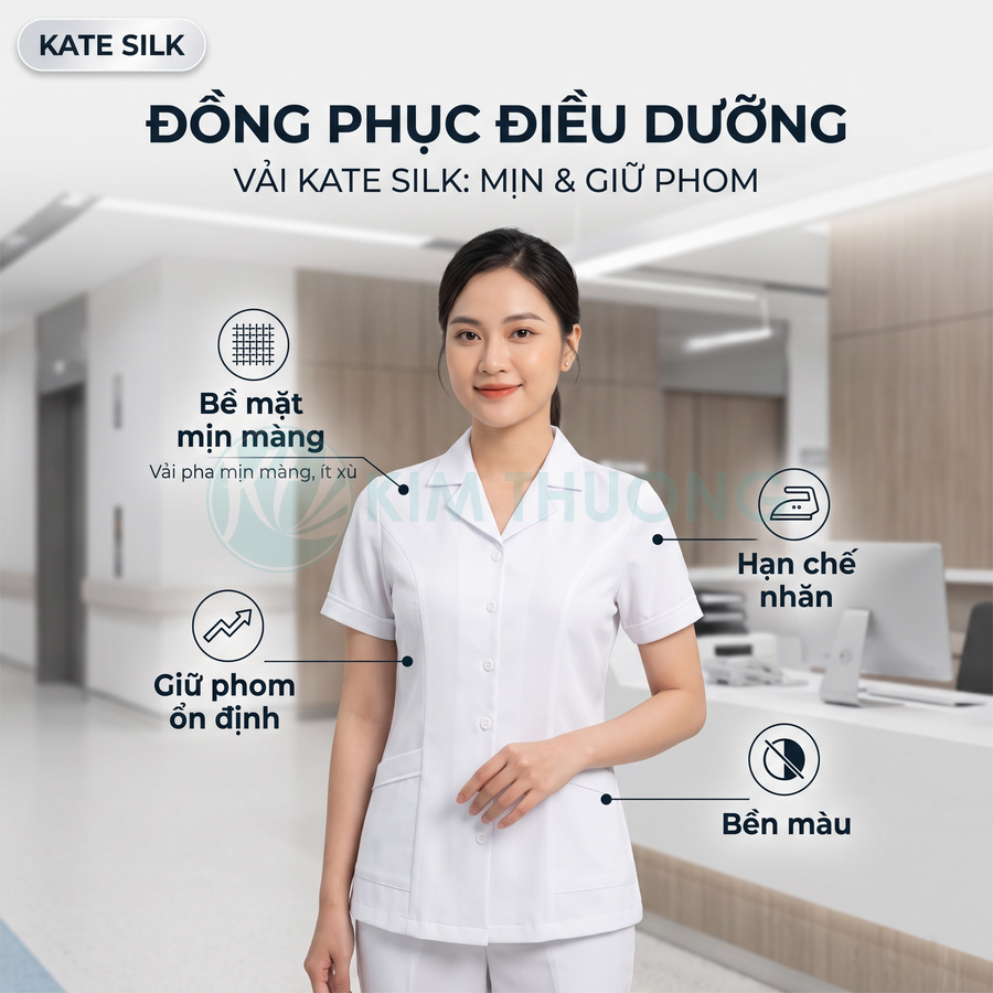 Đồng phục điều dưỡng nữ vải kate silk màu trắng, thiết kế tay ngắn cổ ve, đứng trong sảnh bệnh viện hiện đại