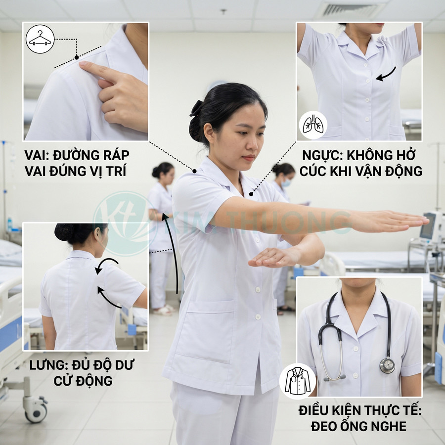 Đồng phục y tá nữ màu trắng tay ngắn, form đứng, chất liệu thoải mái khi vận động trong bệnh viện