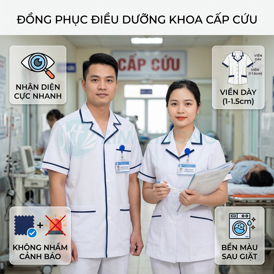 Đồng phục điều dưỡng khoa cấp cứu màu trắng viền xanh, thiết kế cổ bẻ, túi trước tiện dụng