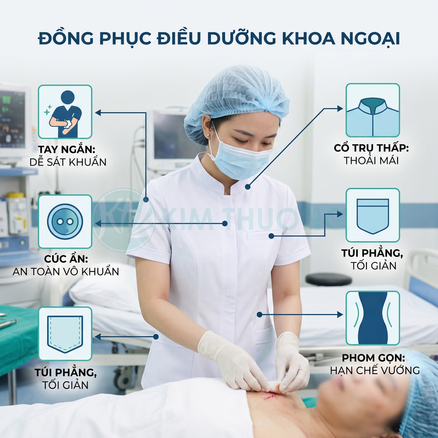 Đồng phục điều dưỡng khoa ngoại tay ngắn cổ trụ tháp túi phẳng phom gọn màu trắng trong phòng mổ