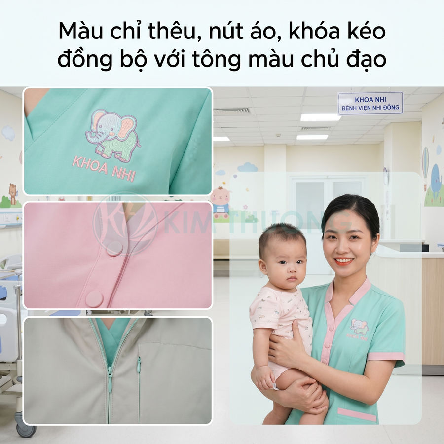 Đồng phục y tá khoa nhi màu xanh hồng thêu logo voi, thiết kế nút áo và khóa kéo đồng bộ màu sắc