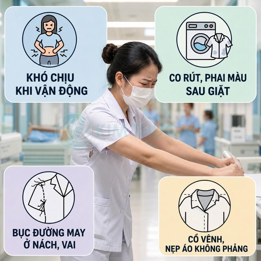 Điều dưỡng mặc đồng phục y tá bị rách nách khi làm việc, minh họa nhược điểm chất lượng áo quần y tế