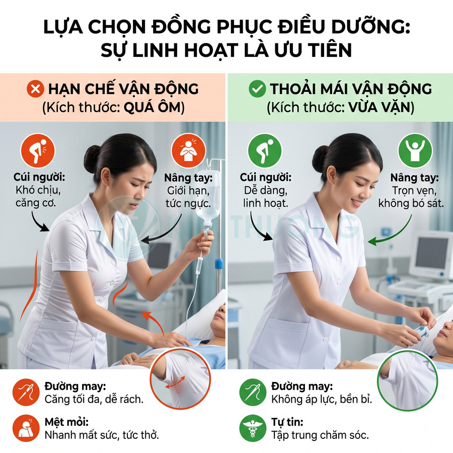 So sánh đồng phục điều dưỡng ôm sát và vừa vặn, nhấn mạnh sự thoải mái linh hoạt khi chăm sóc bệnh nhân