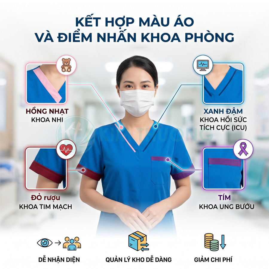 Đồng phục y tá màu xanh dương phối viền hồng, đỏ rượu, tím và xanh đậm phân biệt các khoa trong bệnh viện