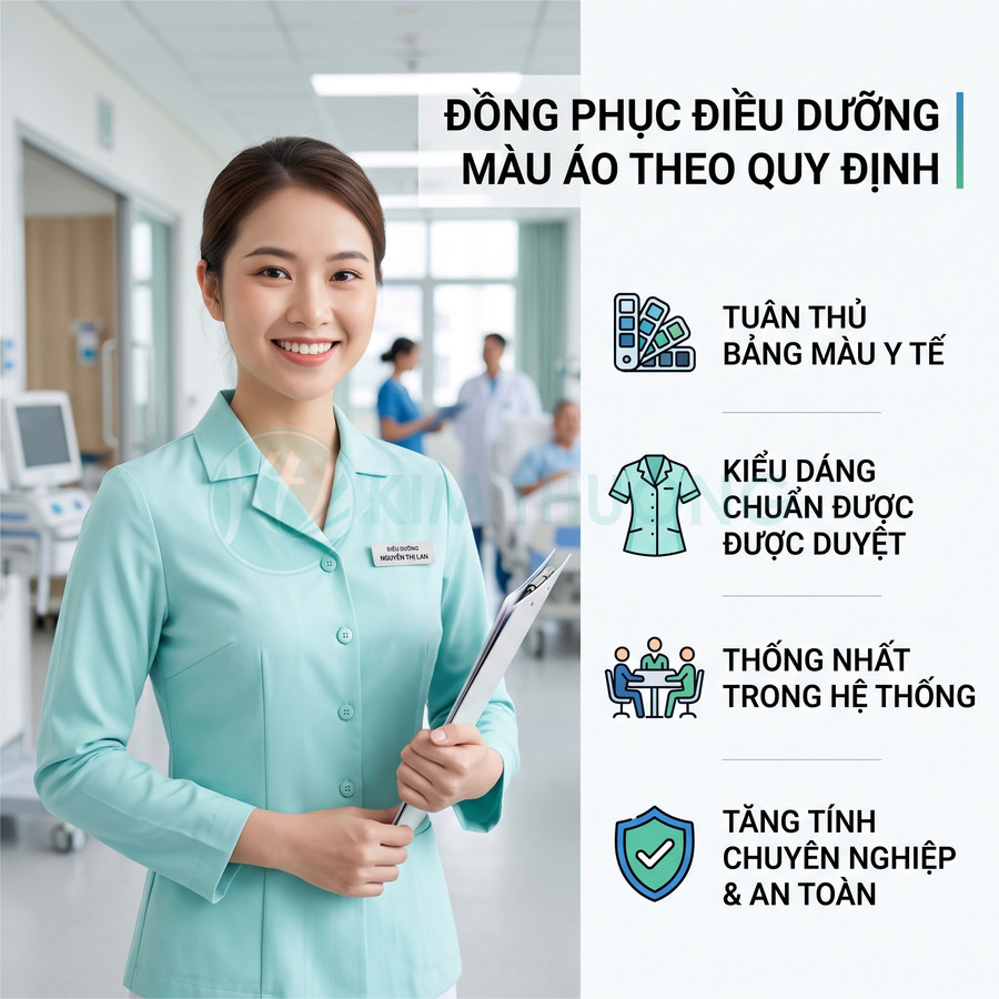 Đồng phục điều dưỡng màu xanh ngọc tay dài, cổ bẻ, chất liệu đứng dáng, phù hợp môi trường bệnh viện chuyên nghiệp