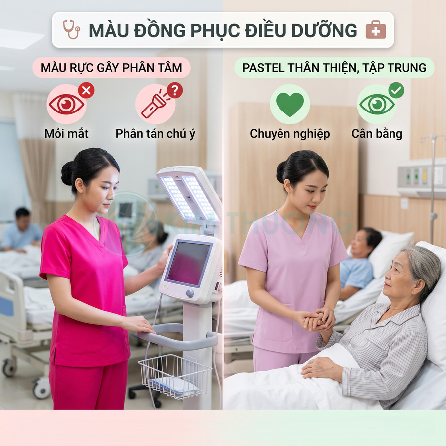 So sánh đồng phục điều dưỡng màu hồng đậm và pastel trong phòng bệnh viện, điều dưỡng chăm sóc bệnh nhân