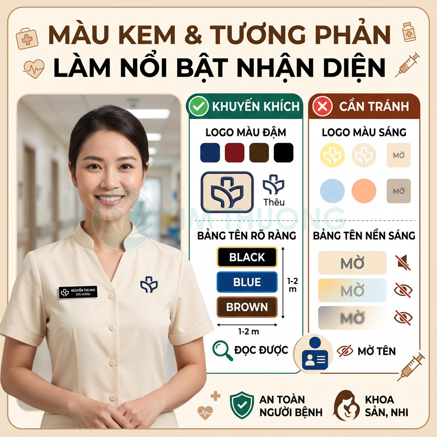 Đồng phục y tá màu kem với logo thêu xanh đậm và bảng tên đen nổi bật, dễ đọc trong môi trường bệnh viện