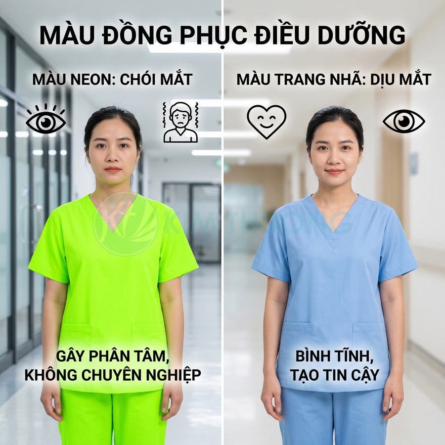 So sánh đồng phục điều dưỡng màu neon chói mắt và màu xanh nhạt dịu mắt trong hành lang bệnh viện