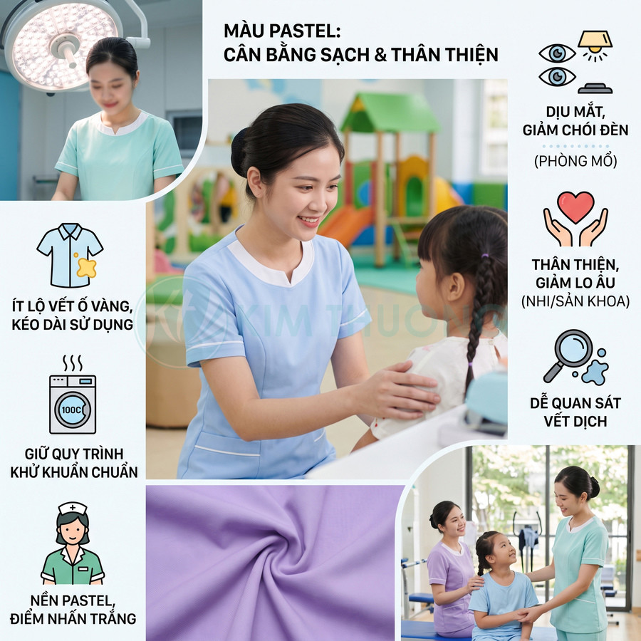 Đồng phục y tá màu pastel thân thiện cho bệnh viện nhi và sản khoa, chất liệu dễ giặt khử khuẩn, ít lộ vết ố