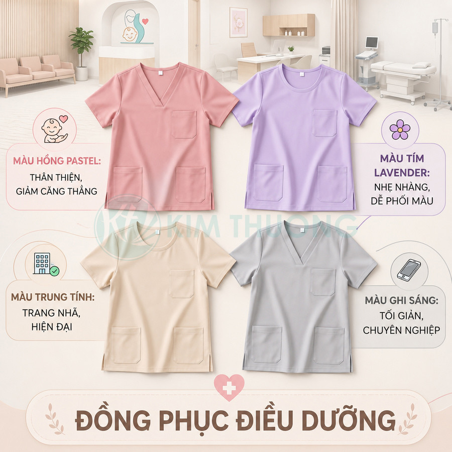 Áo đồng phục điều dưỡng nữ nhiều màu pastel hồng tím be xám thiết kế đơn giản cổ tròn và cổ tim có túi trước