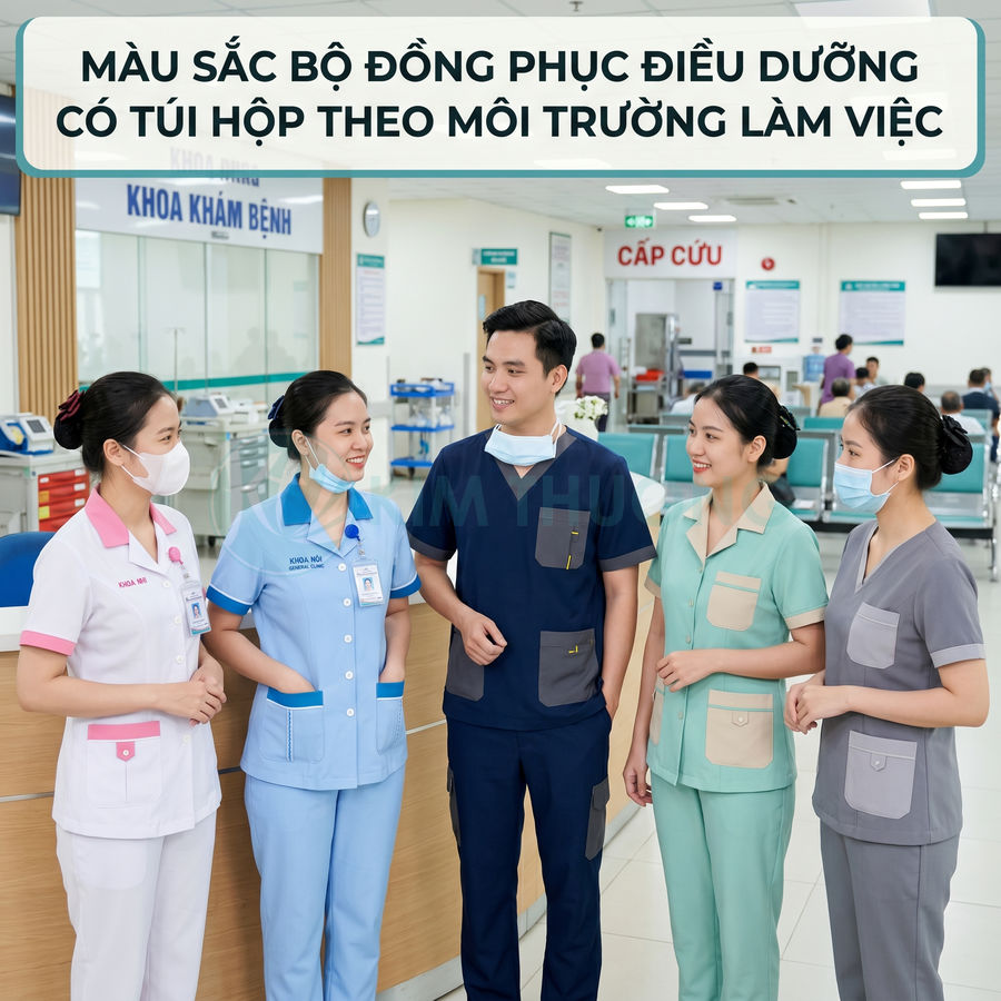 Nhóm điều dưỡng mặc đồng phục y tá nhiều màu có túi hộp đứng trao đổi trong sảnh bệnh viện