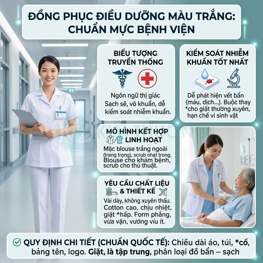 Đồng phục điều dưỡng màu trắng chuẩn bệnh viện với áo blouse tay ngắn và quần dài, điều dưỡng chăm sóc bệnh nhân