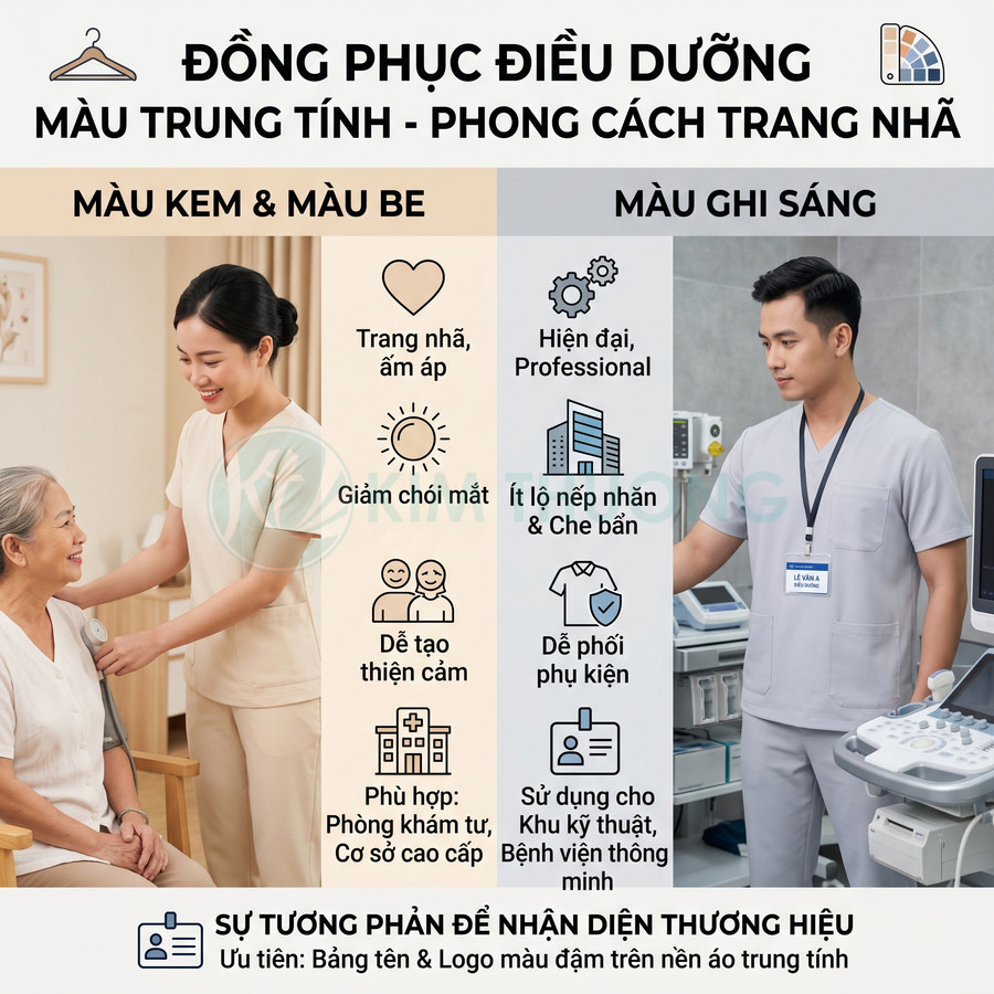 Đồng phục điều dưỡng màu kem be và ghi sáng, thiết kế trung tính trang nhã cho bệnh viện và phòng khám