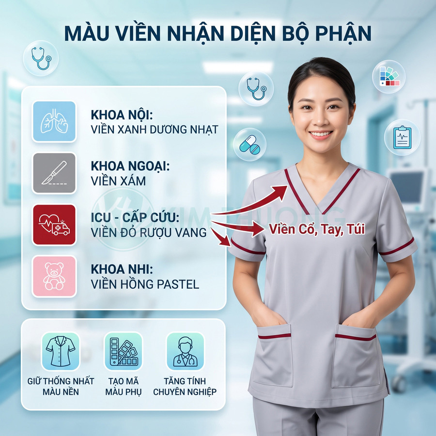 Đồng phục y tá màu xám viền đỏ rượu vang ở cổ tay và túi dùng phân biệt các khoa trong bệnh viện