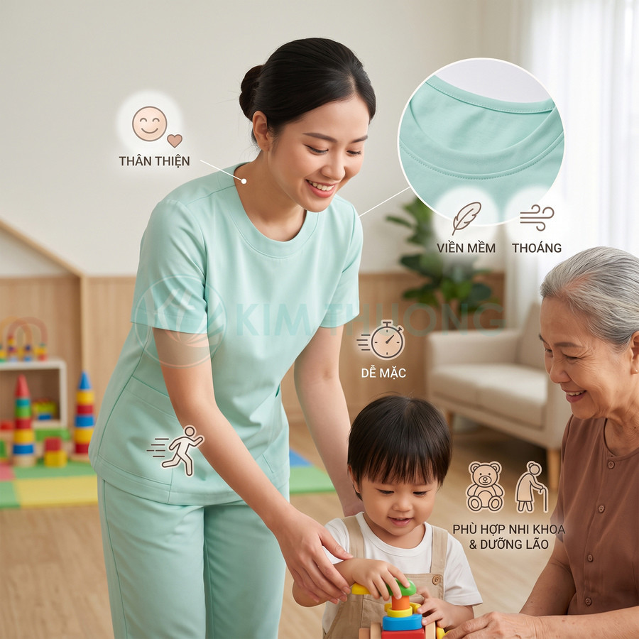 Đồng phục y tá màu xanh mint viền mềm thoáng mát, phù hợp chăm sóc nhi khoa và người cao tuổi