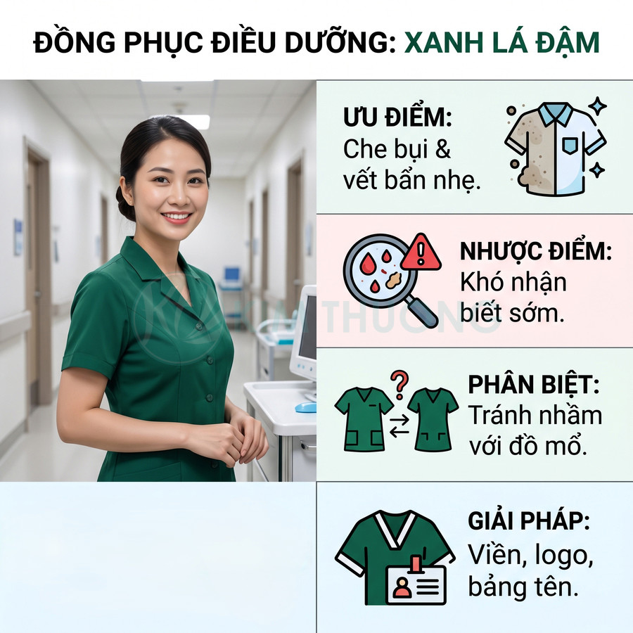Đồng phục điều dưỡng màu xanh lá đậm cho nữ, thiết kế cổ ve, tay ngắn, chất liệu vải y tế chuyên nghiệp