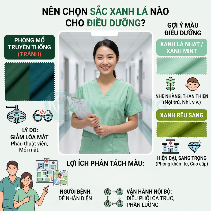Nữ điều dưỡng mặc đồng phục xanh lá nhạt cầm bảng hồ sơ đứng trong hành lang bệnh viện