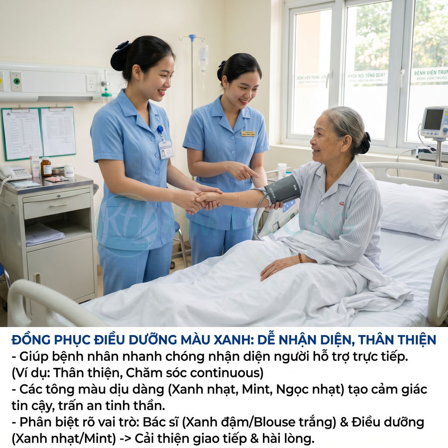 Điều dưỡng mặc đồng phục màu xanh chăm sóc bệnh nhân nữ lớn tuổi nằm trên giường bệnh trong phòng bệnh viện sáng sủa