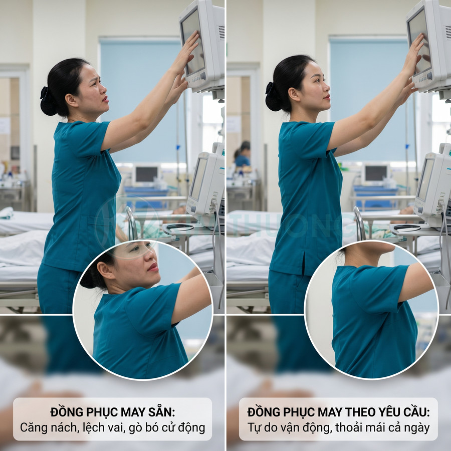 So sánh đồng phục y tá may sẵn và may theo yêu cầu khi thao tác với máy trong phòng bệnh