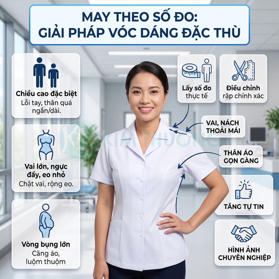 Đồng phục y tá may theo số đo, dáng ôm gọn gàng, vai nách thoải mái, tôn vóc dáng chuyên nghiệp