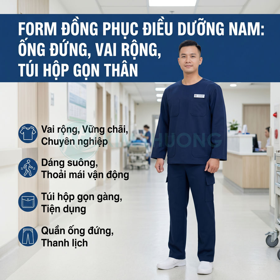 Đồng phục điều dưỡng nam màu xanh navy dáng suông, vai rộng, quần ống đứng, túi hộp tiện dụng trong bệnh viện