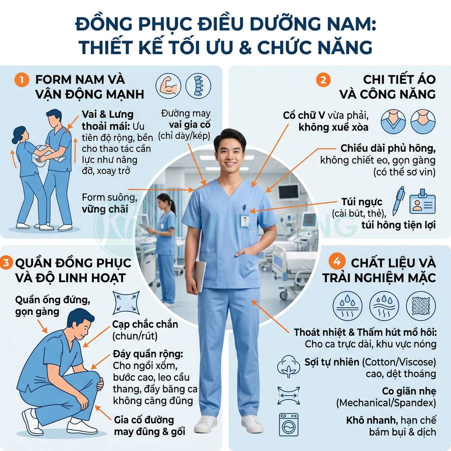 Đồng phục điều dưỡng nam màu xanh dương form rộng, vải co giãn, thiết kế thoáng mát hỗ trợ thao tác chăm sóc bệnh nhân