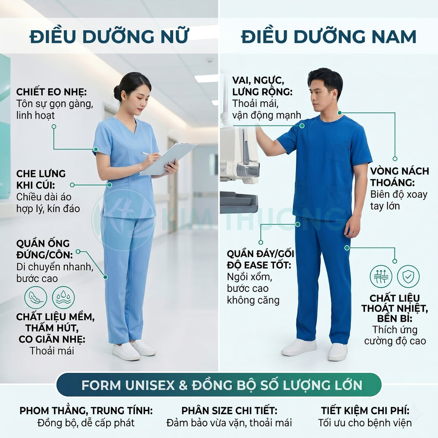 Đồng phục điều dưỡng nam nữ màu xanh chất liệu mềm thoáng, thiết kế unisex thoải mái cho bệnh viện