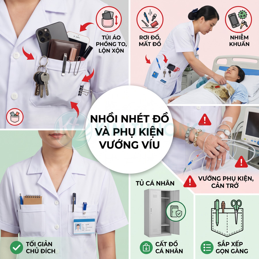 Đồng phục y tá với túi áo gọn gàng, sắp xếp bút và phụ kiện y tế ngăn nắp, tránh vướng víu khi chăm sóc bệnh nhân