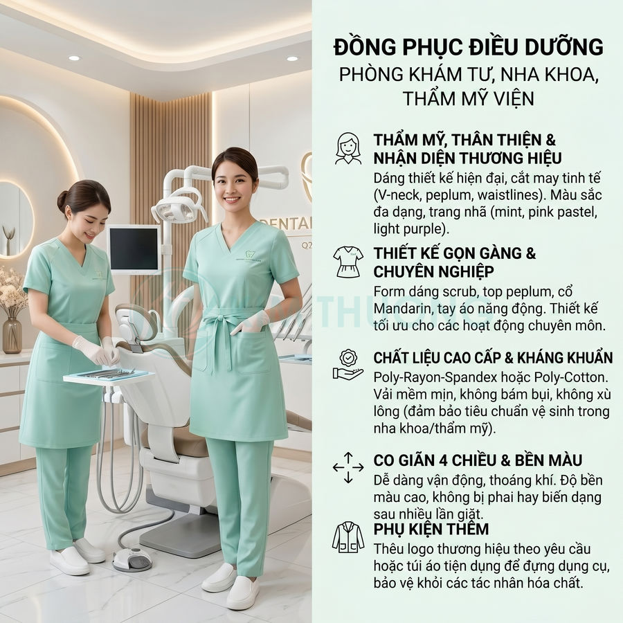 Đồng phục điều dưỡng màu xanh mint cho phòng khám nha khoa, thiết kế tay ngắn, quần dài, chất liệu cao cấp kháng khuẩn