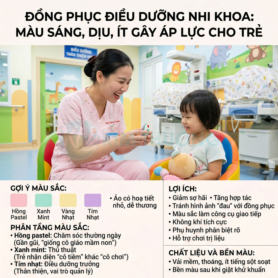 Điều dưỡng mặc đồng phục hồng pastel chơi cùng bé trong phòng khám nhi nhiều màu sắc