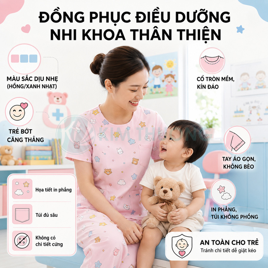 Đồng phục điều dưỡng nhi khoa màu hồng họa tiết dễ thương, điều dưỡng ngồi cạnh bé cầm gấu bông
