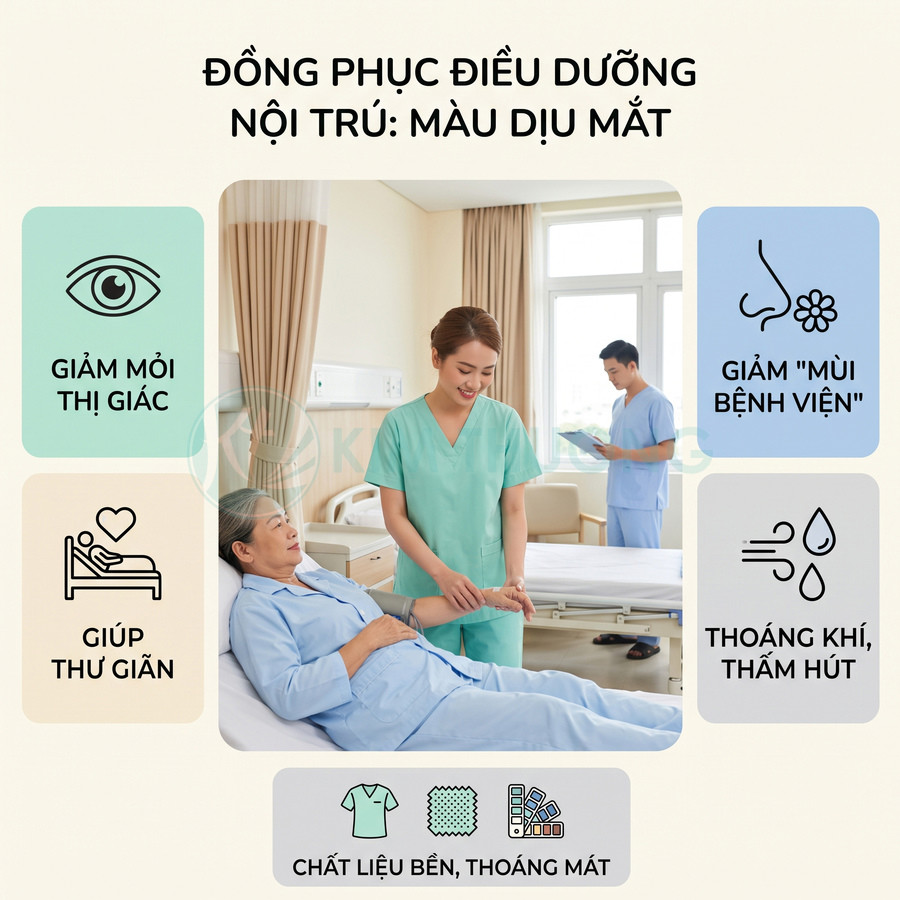 Đồng phục điều dưỡng nội trú màu xanh pastel, chất liệu bền thoáng mát, giúp bệnh nhân thư giãn trong phòng bệnh sạch sẽ