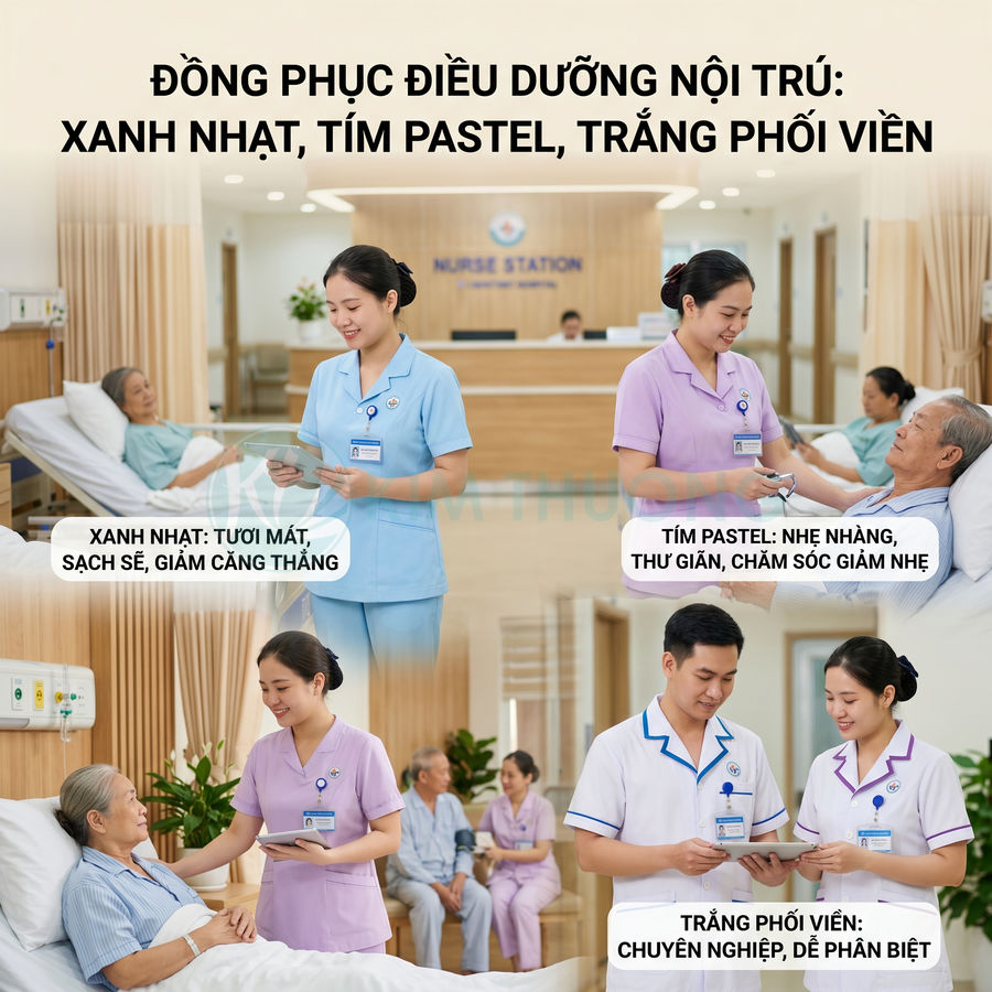 Đồng phục điều dưỡng nội trú màu xanh nhạt tím pastel trắng phối viền trong bệnh viện hiện đại