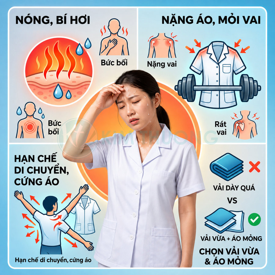Đồng phục y tá vải dày gây nóng bí, nặng vai, hạn chế vận động, khuyến nghị chọn áo y tế vải mỏng nhẹ