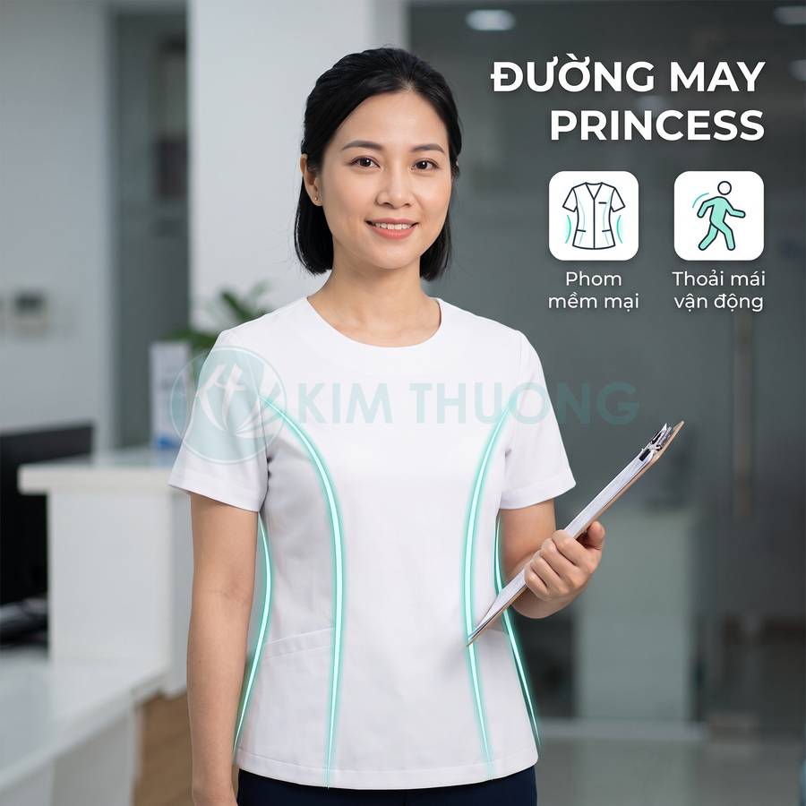 Nữ nhân viên y tế mặc áo đồng phục trắng đường may princess ôm dáng, tay cầm bảng hồ sơ