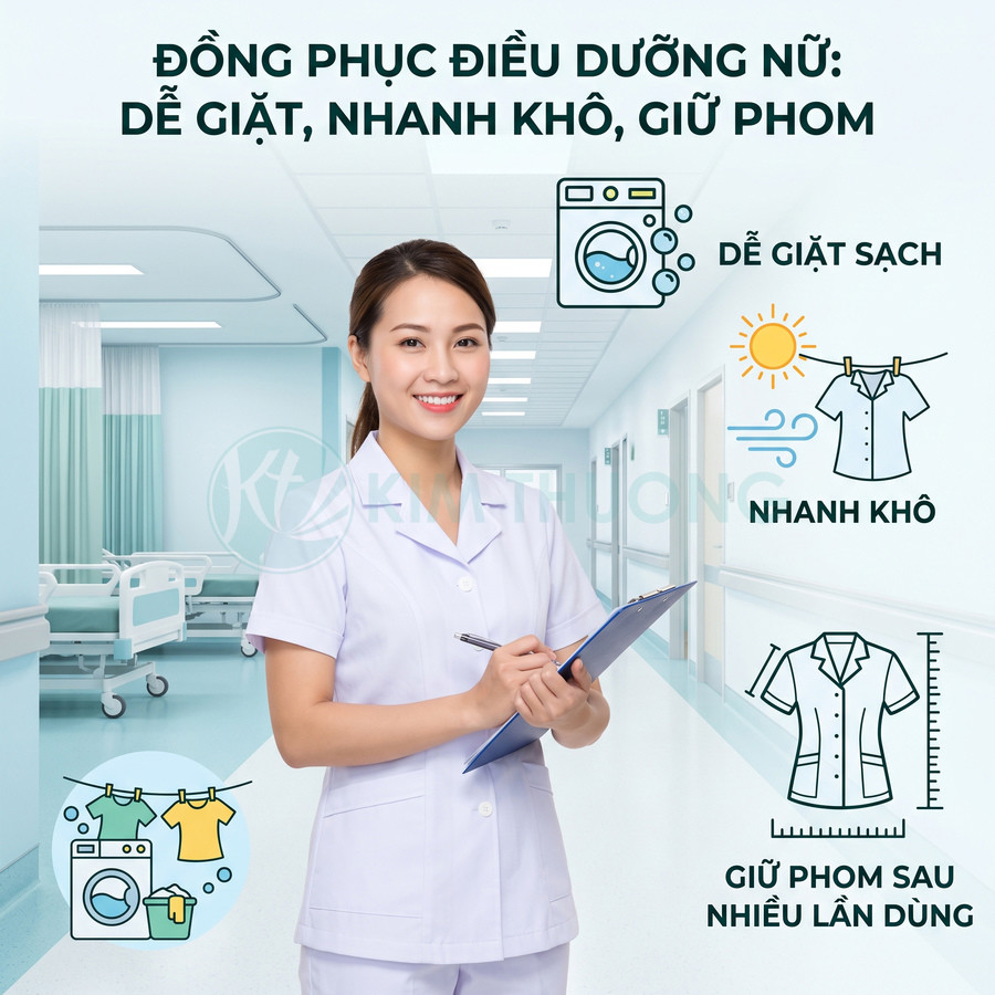 Đồng phục điều dưỡng nữ màu trắng dễ giặt nhanh khô giữ phom, nữ điều dưỡng mỉm cười cầm bảng trong bệnh viện