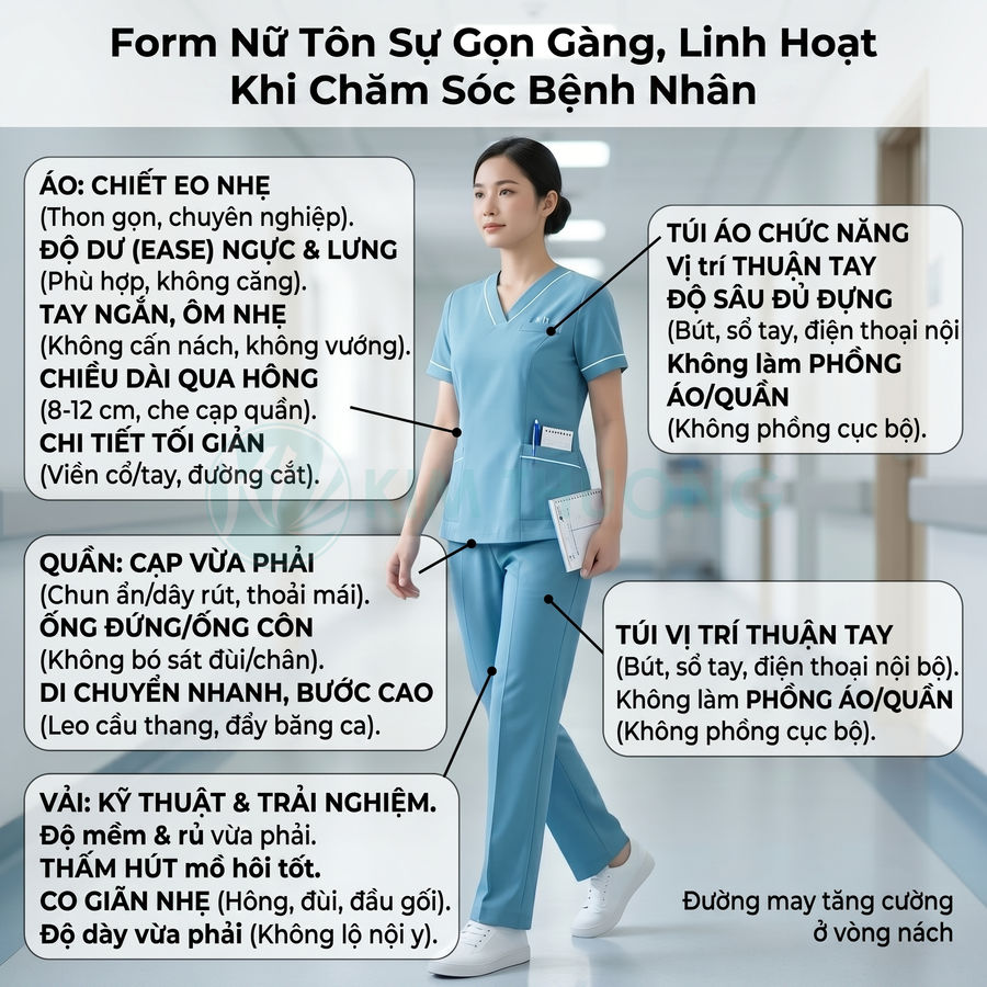 Đồng phục y tá nữ màu xanh dương form gọn gàng, nhiều túi tiện dụng khi chăm sóc bệnh nhân