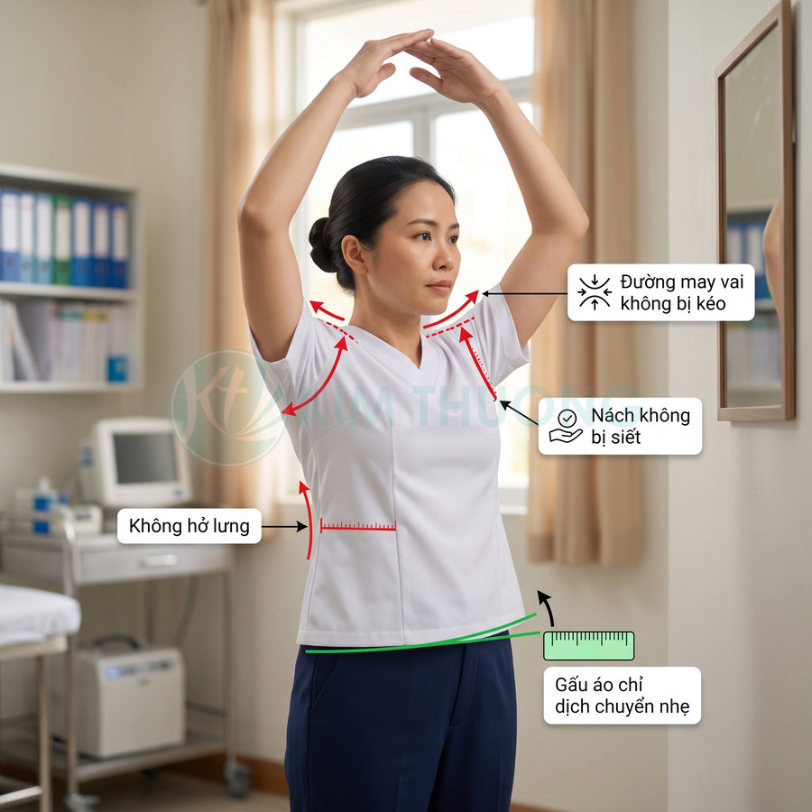Nữ điều dưỡng mặc đồng phục y tá trắng giơ tay cao, minh họa áo không bó nách và không hở lưng