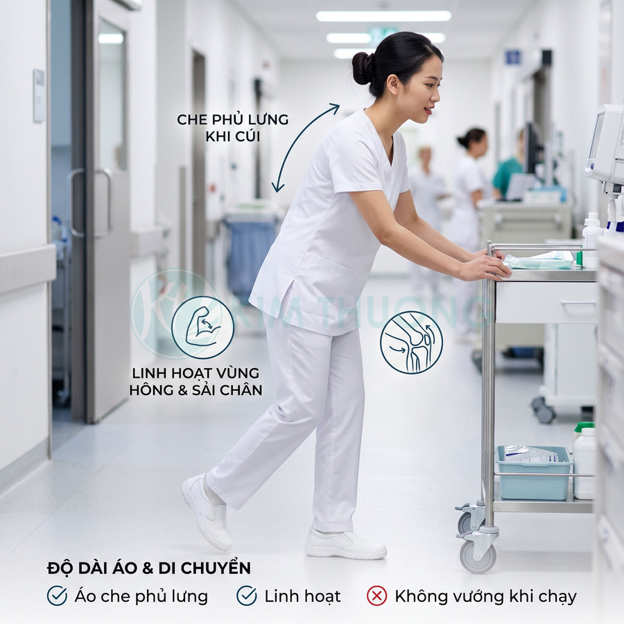 Đồng phục y tá màu trắng linh hoạt, che phủ lưng khi cúi, dễ di chuyển trong hành lang bệnh viện