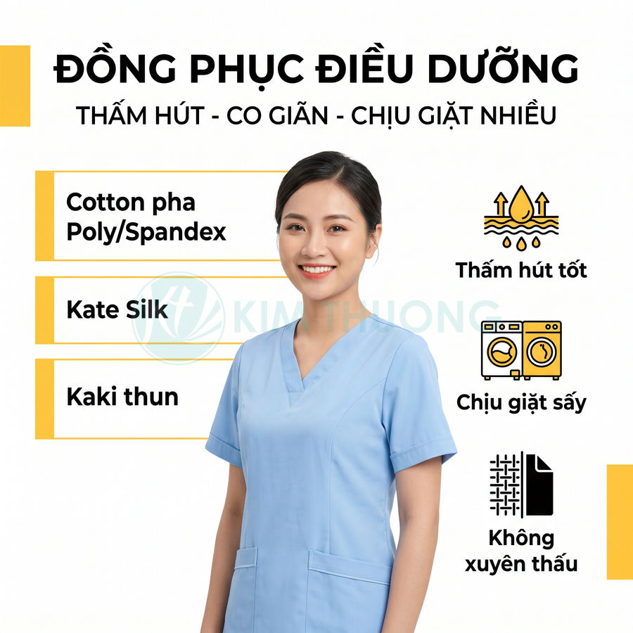 Đồng phục điều dưỡng màu xanh nhạt chất liệu cotton pha co giãn, thấm hút tốt, chịu giặt sấy, không xuyên thấu