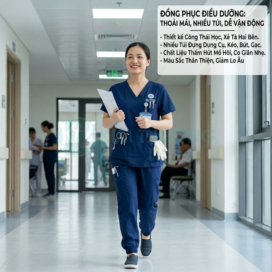Đồng phục điều dưỡng màu xanh navy nhiều túi tiện dụng cho y tá nữ trong bệnh viện